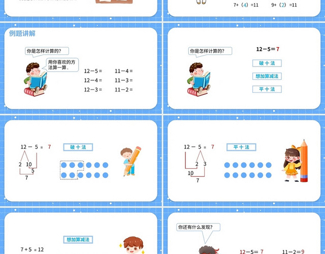 蓝色简约人教版小学数学一年级下册十几减5432教学课件小学数学一年级下册十几减5、4、3、2教学教案课件