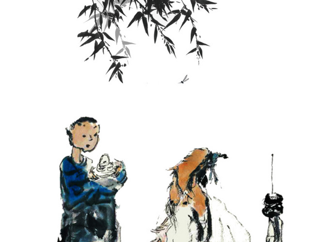 手绘水墨古人抚琴授课讲学PSD