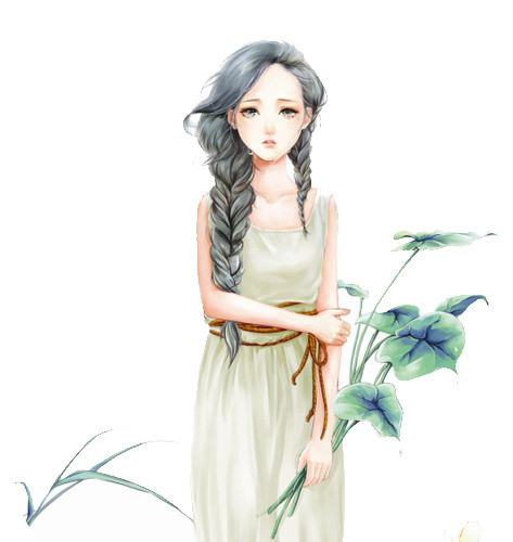 手绘荷花女孩素材