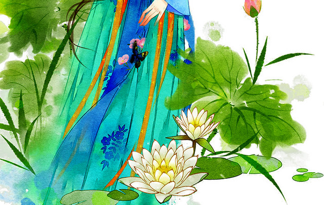 荷花从中的女孩