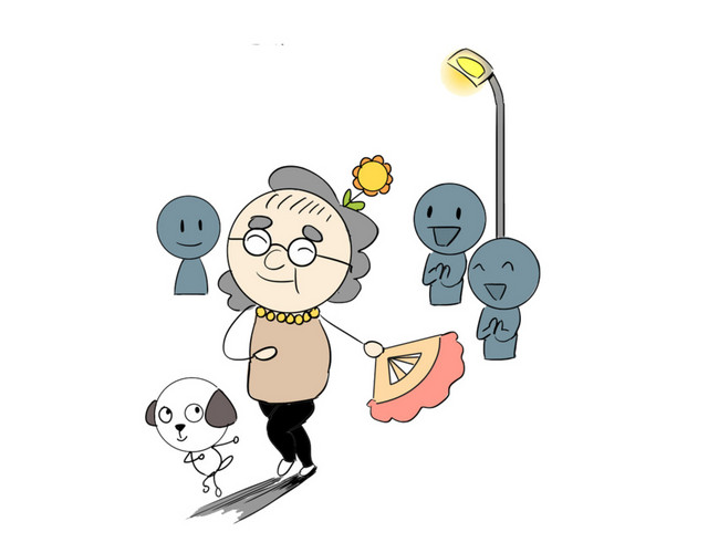 跳广场舞的大妈和一路相伴的小狗