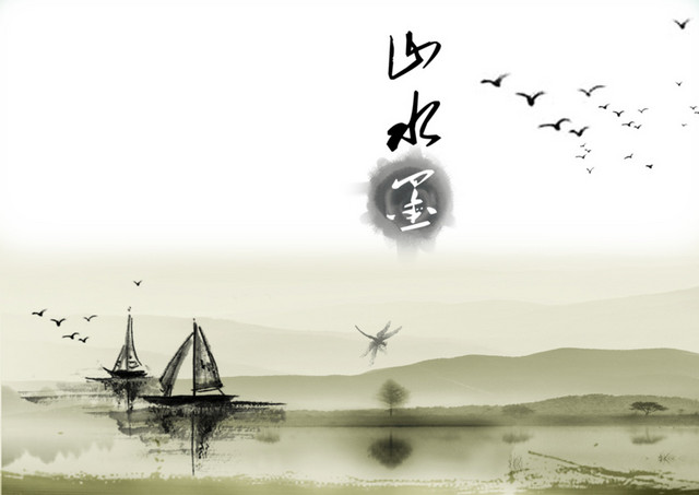 水墨河山水鸟 国画山水素材