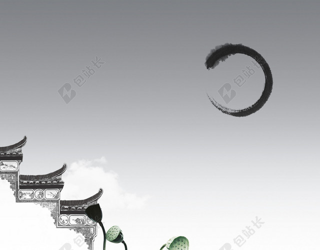 中国风水墨白墙青瓦房地产海报背景素材