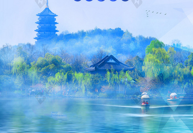 旅游最美杭州雷峰塔蓝色海报背景