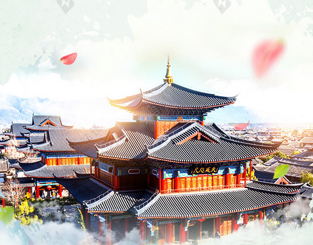 蓝色中国风云南旅游PSD分层H5背景素材