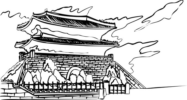 手绘建筑黑白手稿素材