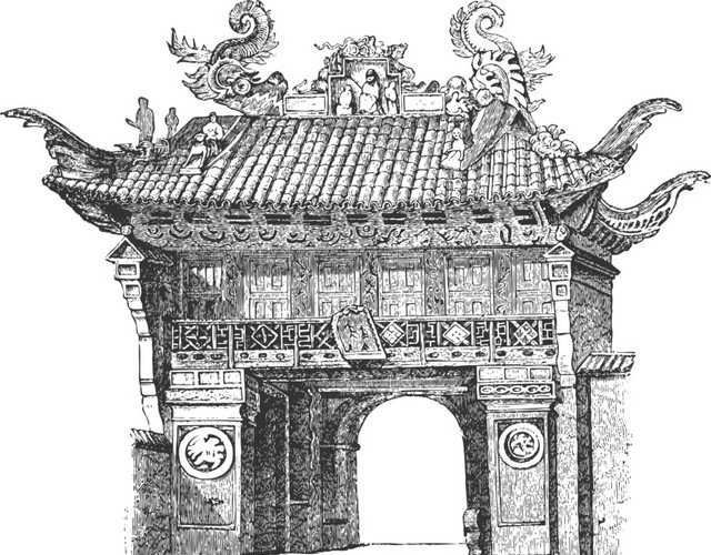 中国雷峰塔高塔长城古城帆船手绘插画