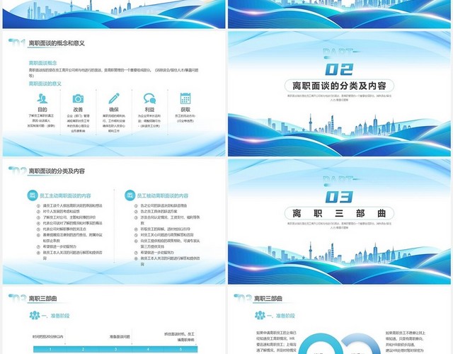 蓝色简约商务离职面谈技巧与方法培训动态PPT模板