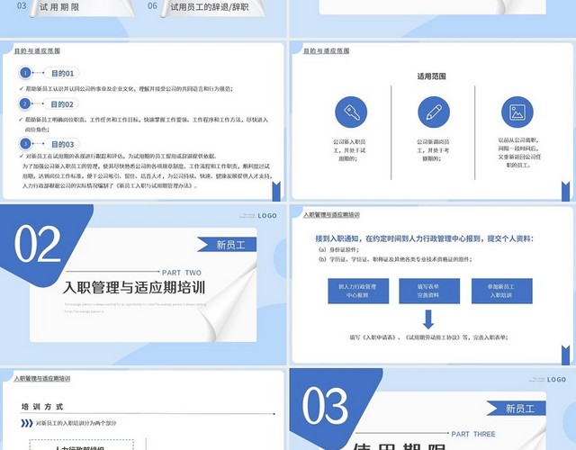 蓝色简约新员工入职与试用期管理办法PPT模板