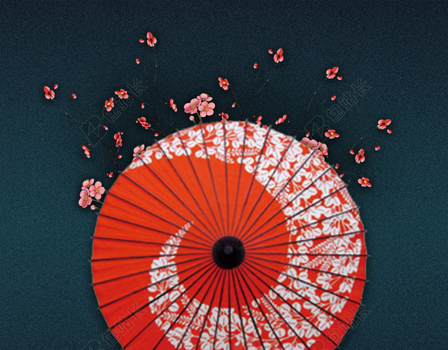 蓝色质感肌理底纹雨伞桃花节海报背景