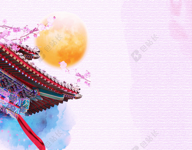 美丽屋檐月亮粉色背景素材