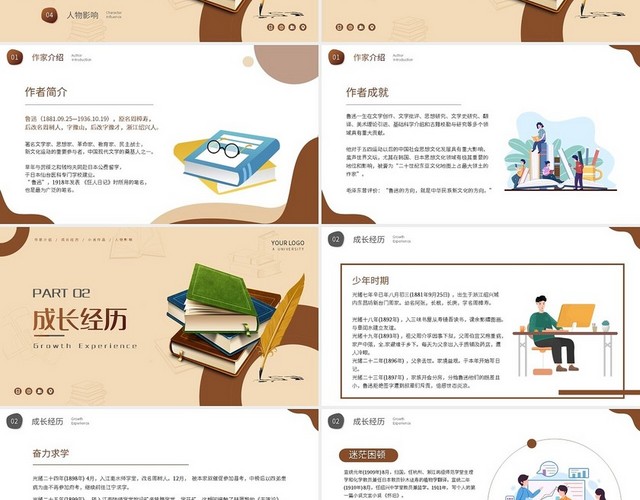 棕色简约鲁迅中国当代知名作家生平介绍PPT模板