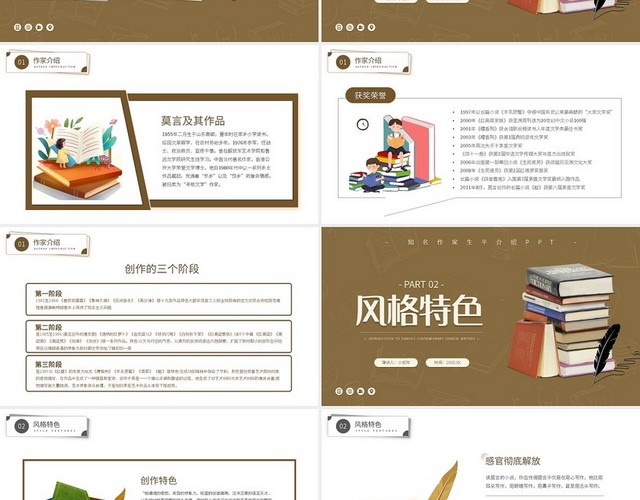 棕色简约作家莫言中国当代著名作家介绍PPT模板