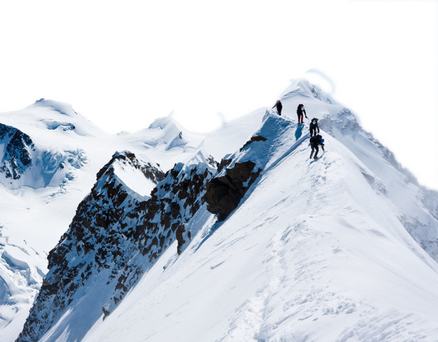 在巍峨的雪山上攀登的登山队