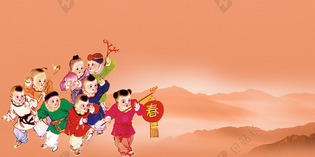 中国风古代孩童与锦鲤春节背景素材