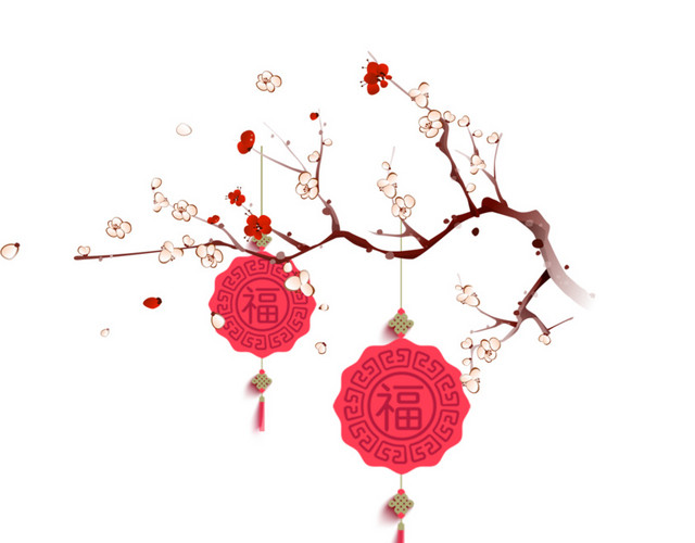 卡通树枝上的红灯笼