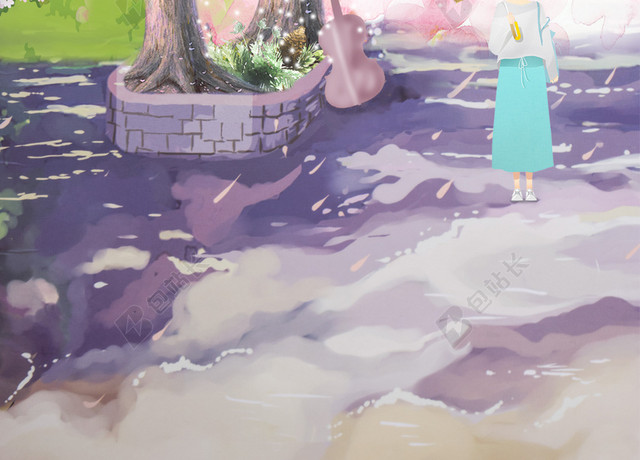 梦幻樱花树下的女孩