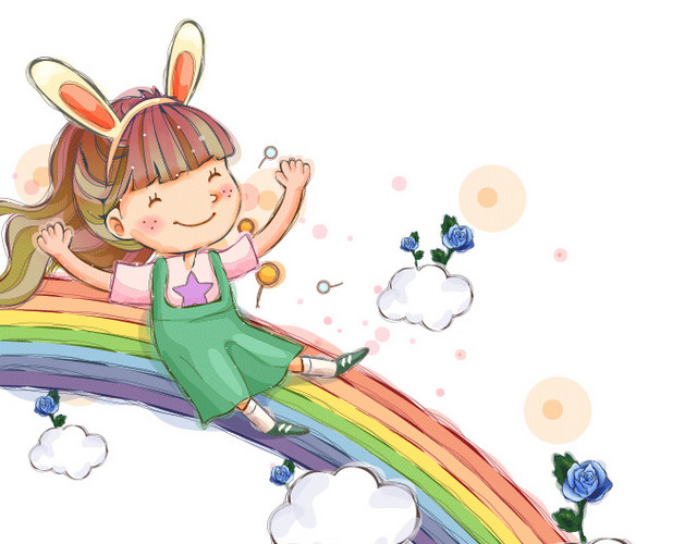 可爱卡通彩虹上的小女孩