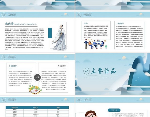 蓝色简约朱自清知名作家个人生平介绍PPT模板