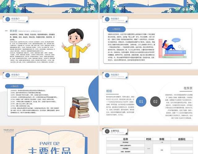 蓝色简约郭若沫中国知名作家个人生平介绍PPT模板