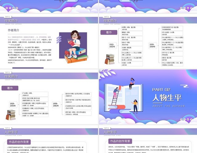 紫色简约冰心知名作家生平介绍PPT模板