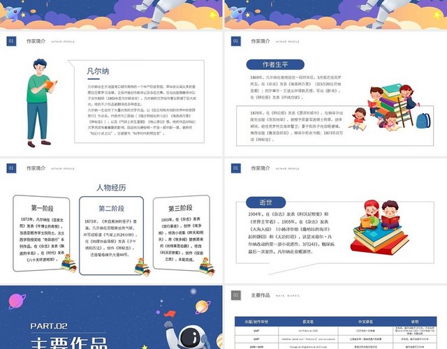 蓝色简约儒勒凡尔纳知名作家名人介绍PPT模板