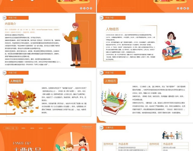 橙色简约契诃夫读书分享人物介绍PPT模板