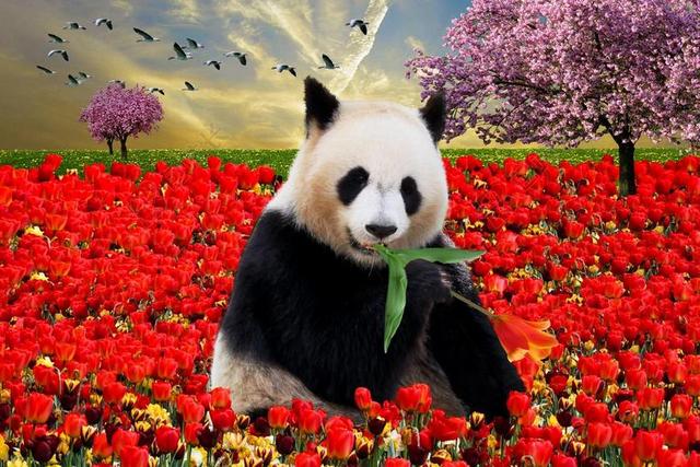 红色旅游自然花丛中坐着大熊猫宣传背景图片