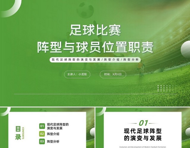 绿色简约商务足球比赛阵形与球员位置职责PPT模板