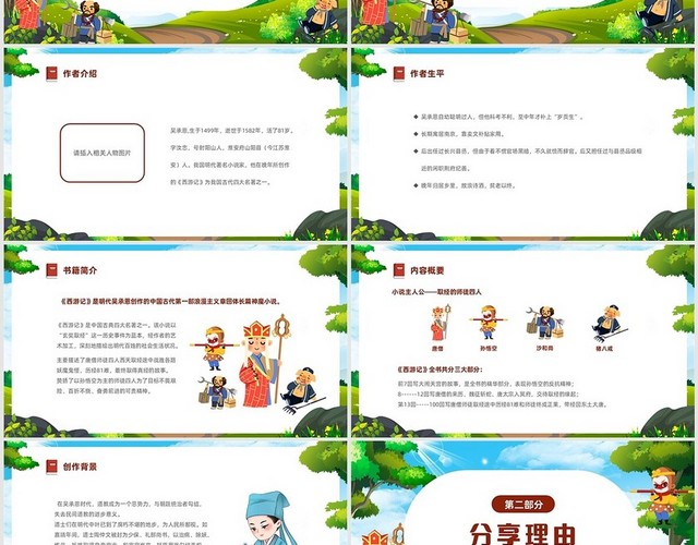 清新绿色卡通儿童西游记读后分享课件PPT
