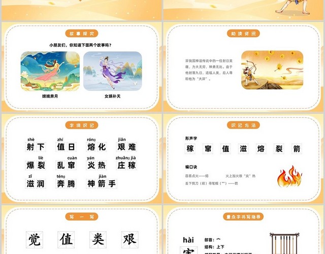 橙色简约卡通古风羿射九日语文说课小学PPT小学语文二年级下册课件