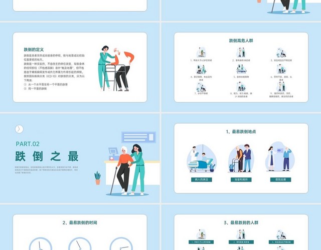 医疗蓝色扁平插画风跌倒护理宣教PPT课件跌倒坠床健康宣教