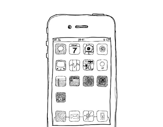 手绘素描黑白线条智能手机