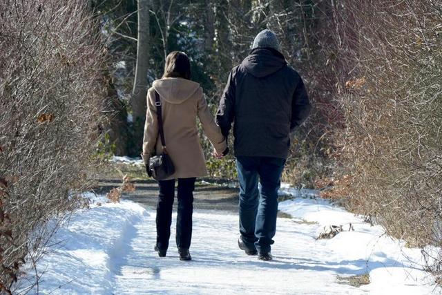 冬天 雪 对 个人 在一起 两个 步行 冷 寒冬 手