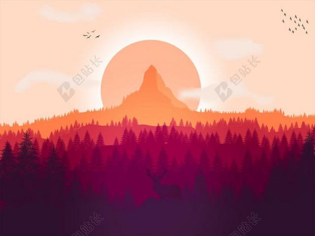 景观 鹿 鸟 橙色 晚上 品牌 太阳 落山的太阳 多彩的日落