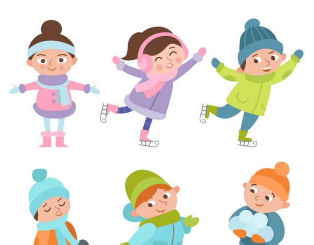 卡通男女小孩冬季滑雪素材