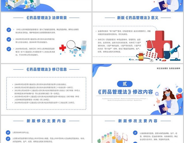 蓝色简约卡通插画中国药品管理法主题PPT模板