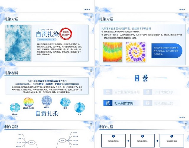 蓝色简约自贡扎染非遗主题课程分享PPT模板