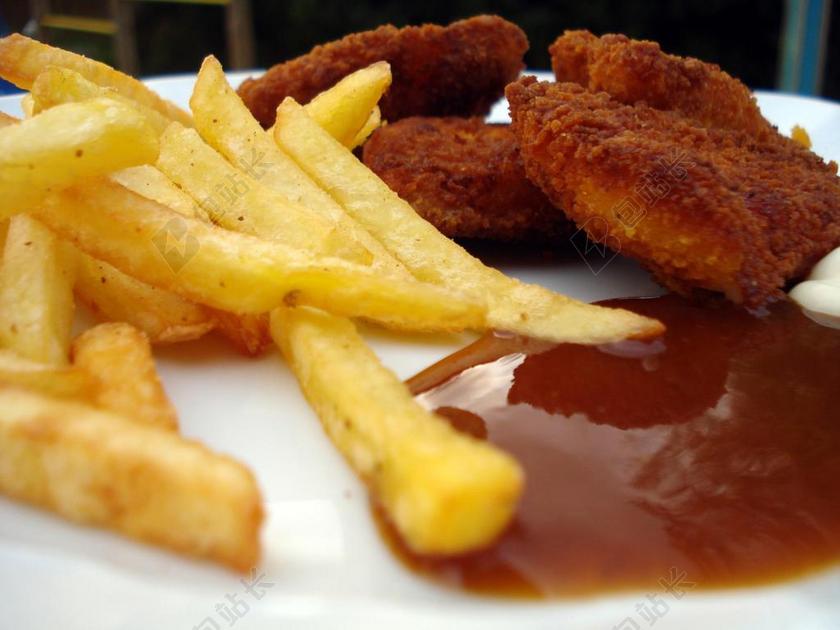 法式炸薯条 熔块 法语 炸 油腻的 快餐 食品 吃 不良