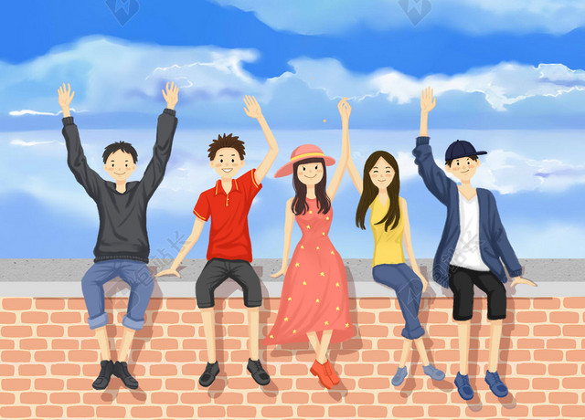 蓝色手绘人物六月毕业季海报