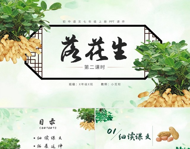 绿色简约初中语文第二课时落花生说课课件PPT模板