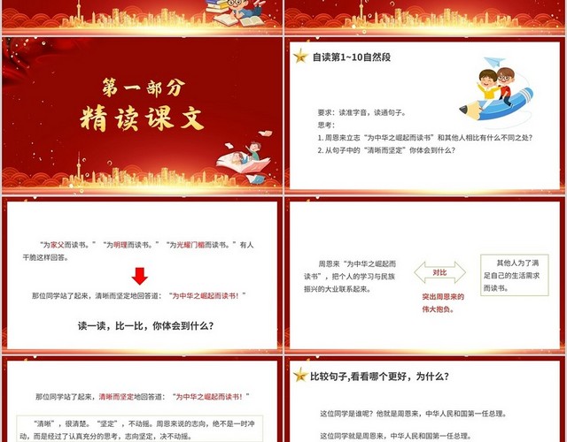 红色卡通部编版小学语文为中华之崛起而读书说课PPT模板