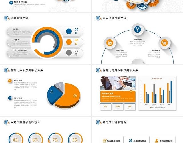 蓝色橙色微立体花卉人力资源工作汇报PPT模板