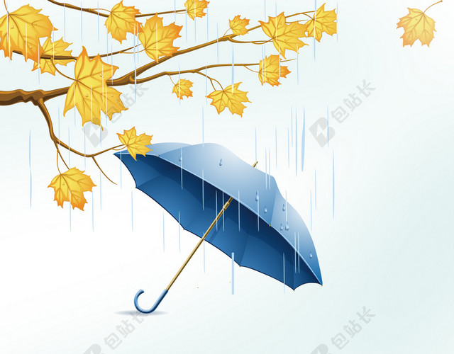 蓝色水彩枫叶雨伞二十四节气雨水背景素材