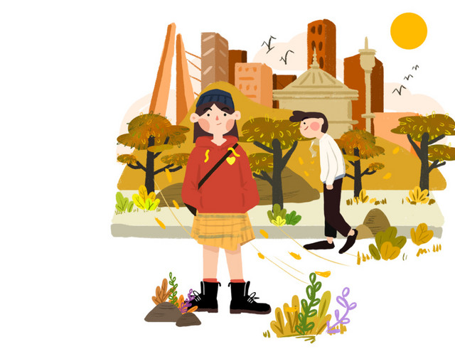 秋天城市公园红叶美景人物PNG图素材
