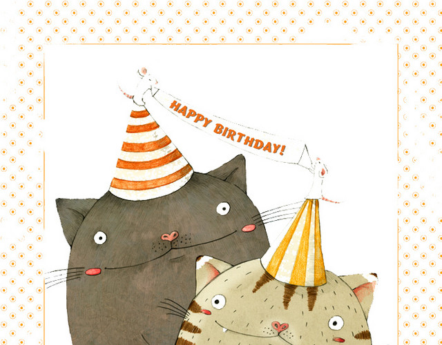 手绘胖猫咪生日贺卡