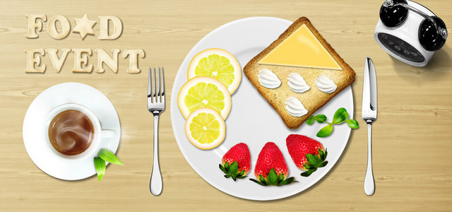 点心美食水果草莓咖啡闹钟刀叉海报BANNER