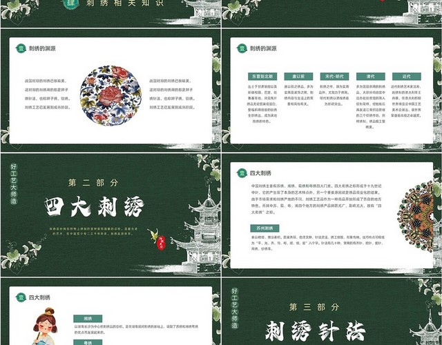 墨绿色中国风古风传统文化刺绣动态PPT