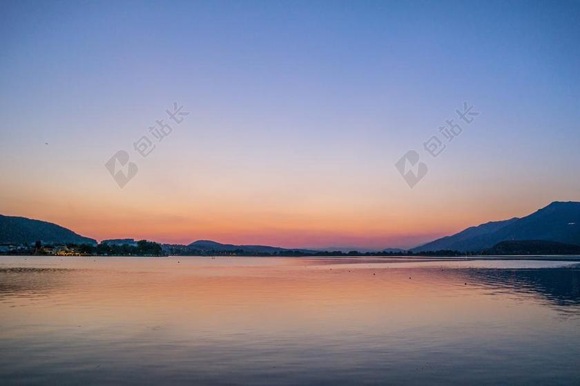 夕阳 清洁 天空 湖 橙色