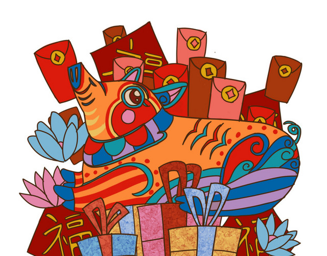 夸张抽象年俗2019五彩猪年画PNG图